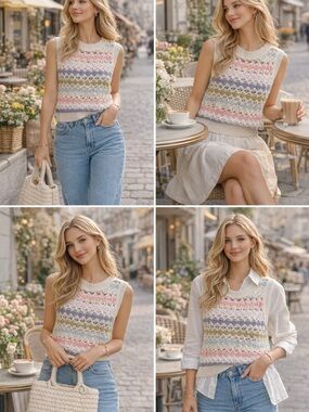 Zara Cream Knit Sleeveless Tank with Pastel Stripes